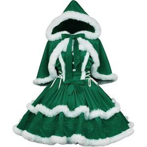 Women's Christmas Green White Dress Santa Outfit Cute Lolita Holiday Costume